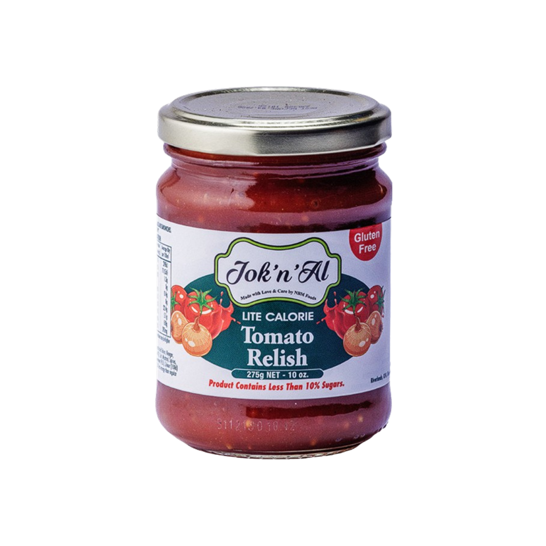 Jar of Jok'n'Al Lite Calorie Tomato Relish on a white background