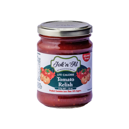 Jar of Jok'n'Al Lite Calorie Tomato Relish on a white background