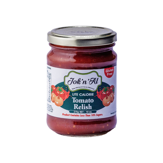 Jar of Jok'n'Al Lite Calorie Tomato Relish on a white background